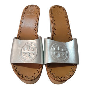 Tory Burch Patti Wedge Women Sandal Silver Leather Platform Wood Stitch Size 9.5